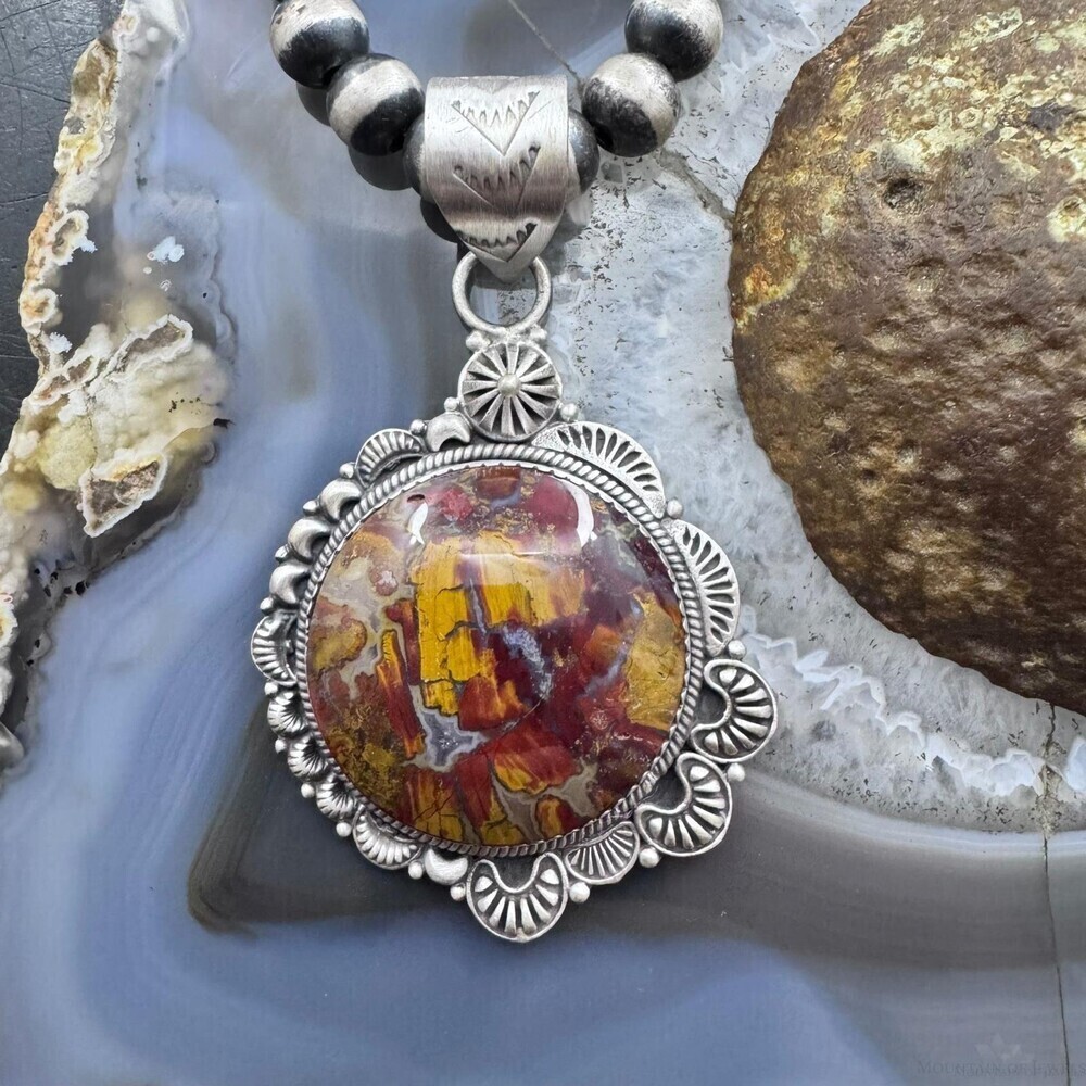 Sterling Southwestern Style Round Red Moss Agate Decorated Pendant For Women